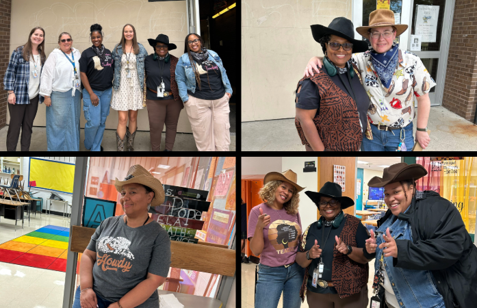  collage of teachers wearing western style outfits and cowboy hats